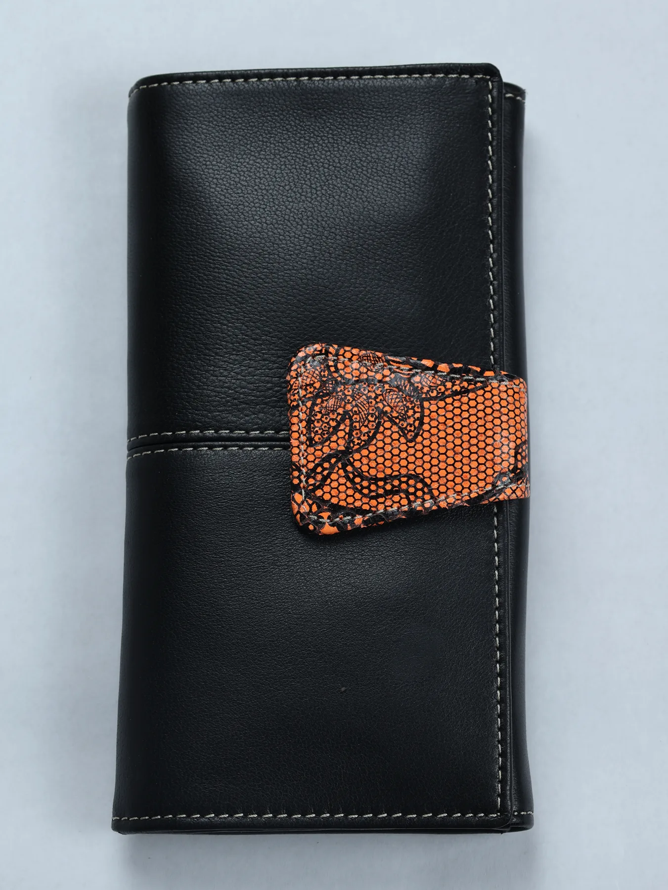 Billetero de piel con solapa floral · Negro/Naranja · imagen 1