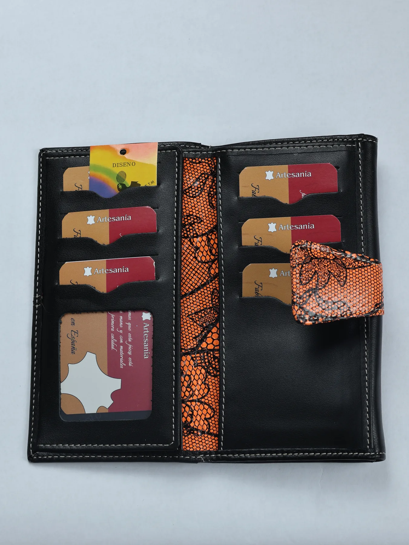 Billetero de piel con solapa floral · Negro/Naranja · imagen 3