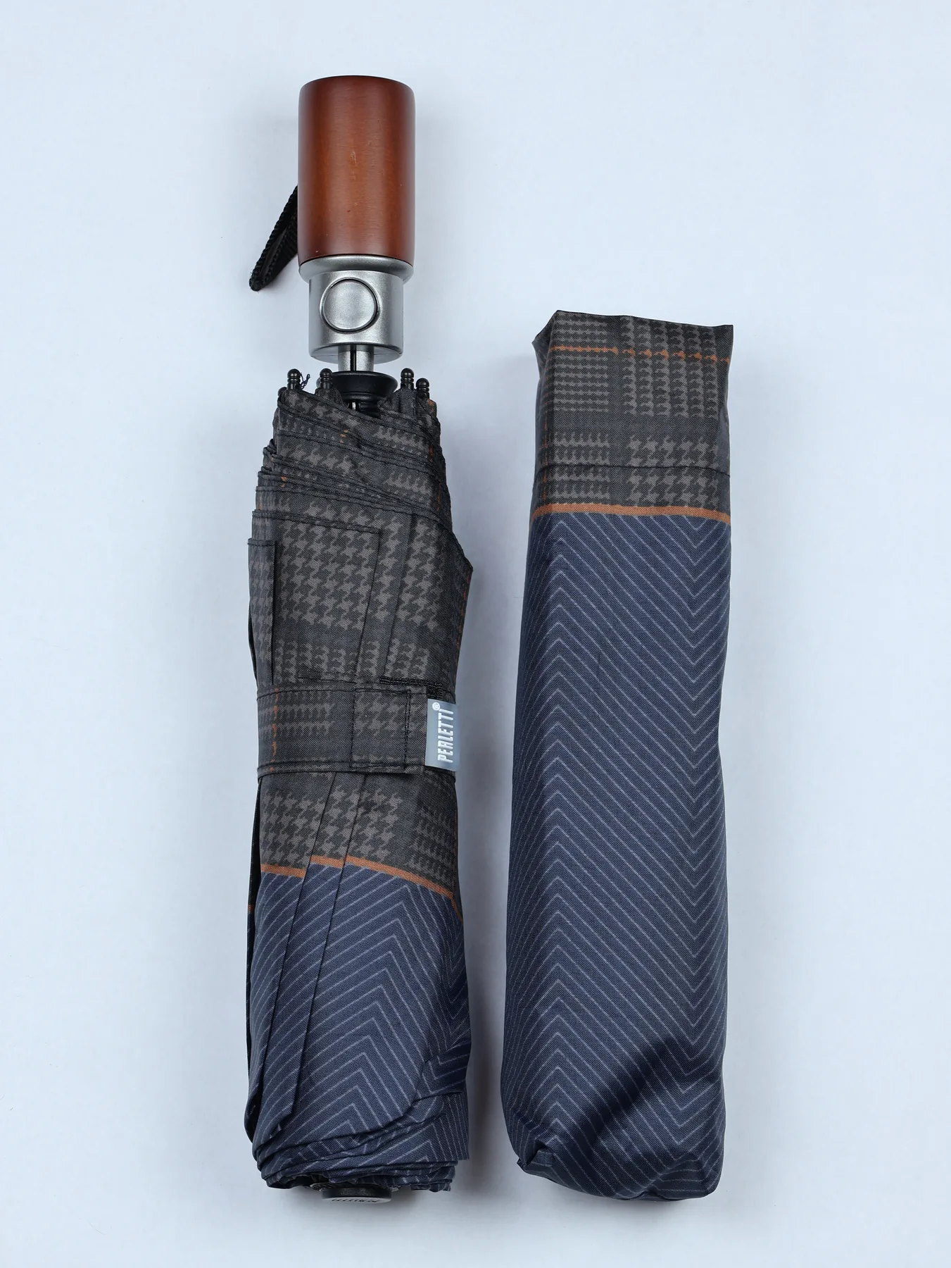 Paraguas plegable automático de rayas con mango de madera · Azul · imagen 1